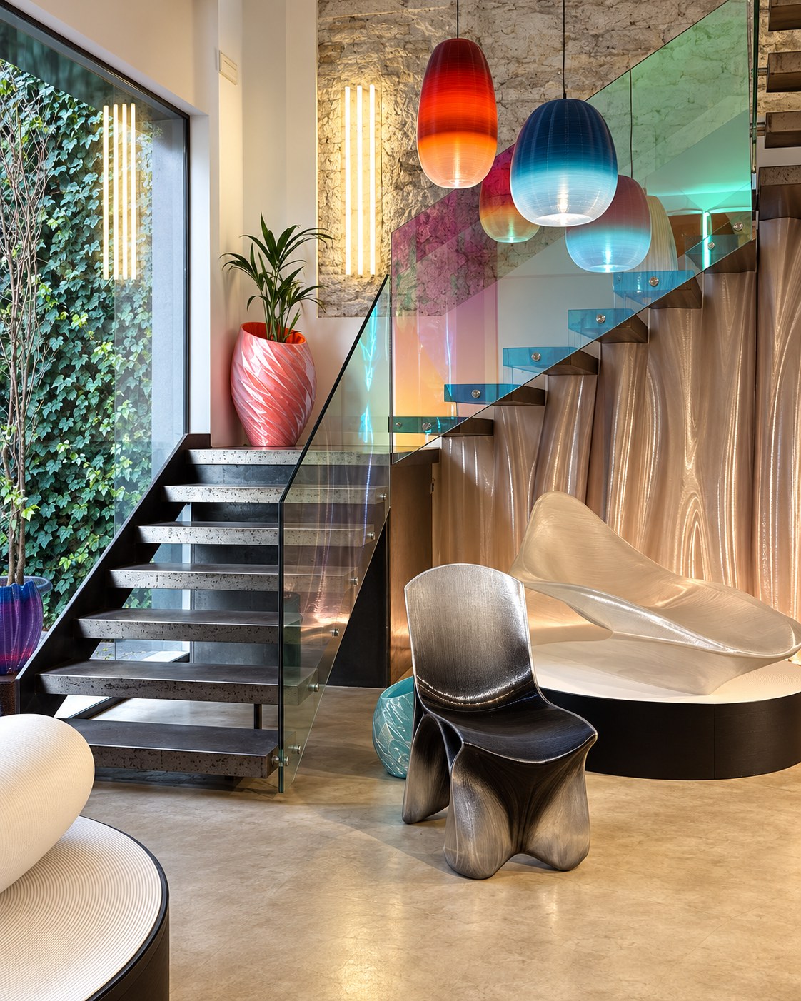 Escalera del showroom de Nagami con lámparas impresas en 3D