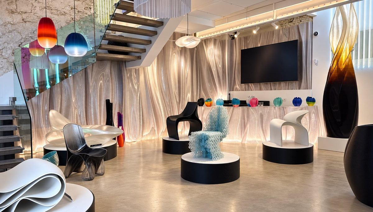 Showroom de Nagami en Madrid, calle Jorge Juan 12: mobiliario e iluminación impresos en 3D